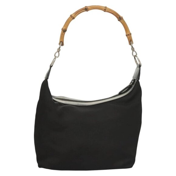 GUCCI Bamboo Shoulder Bag Nylon Black Silver 000 1956 0531 Auth bs26792 - Picture 1 of 16
